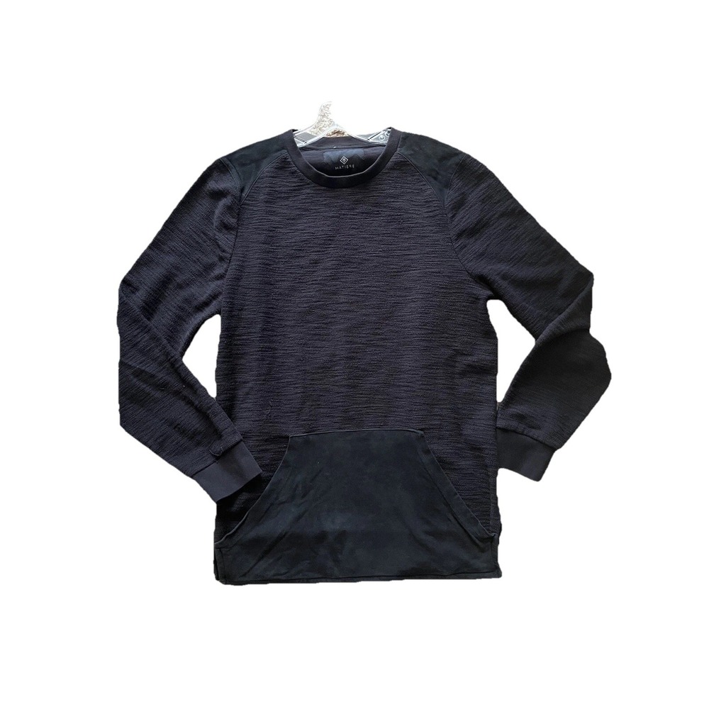Matiere Men's LG Long Sleeve Crew‎ Neck Black textured Shirt kangaroo pocket